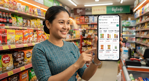 Burmese retail store owner with wholesale grocery app