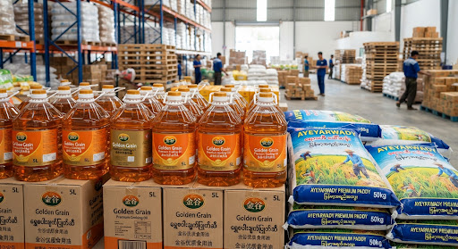 Wholesale cooking oil and rice bags packaged for distribution